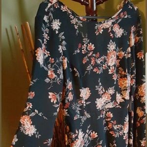 Forever 21 Black Floral Bell Sleeve Dress As Small